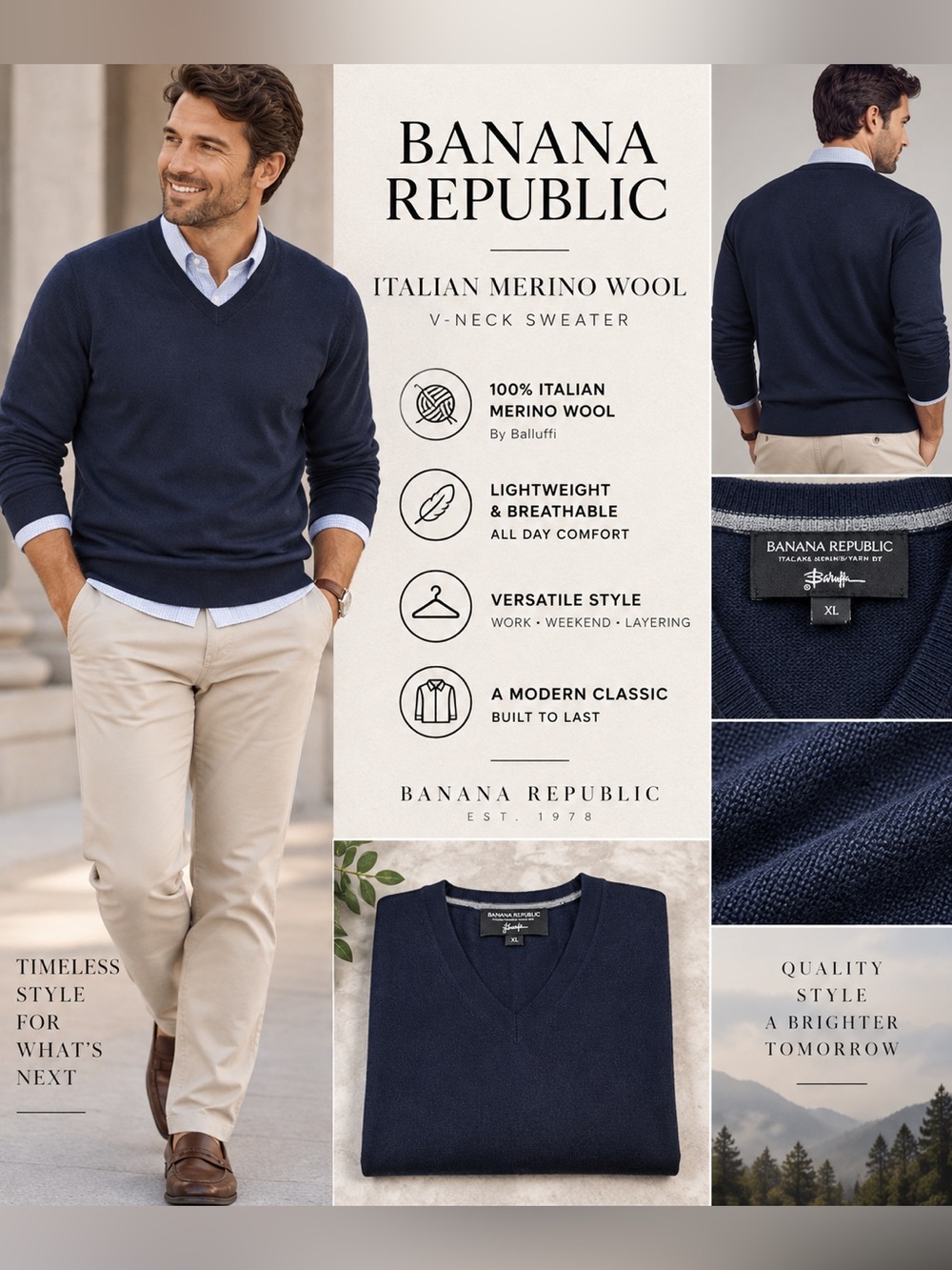 Banana Republic Men’s XL Navy Blue 100% Italian Merino Wool V-Neck Sweater